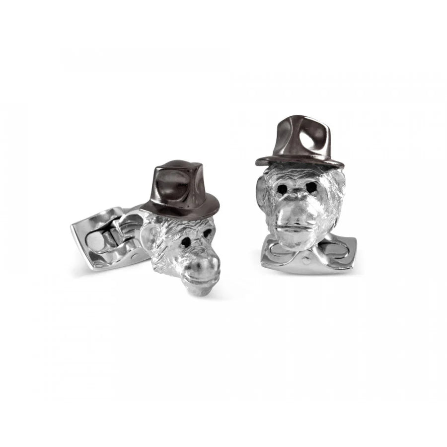 Deakin & Francis chimpanzee cufflinks with black rhodium hat and hand-enamelled eyes, handcrafted in Birmingham, available at EB London