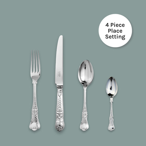 EB London Coburg 4-piece cutlery set by Carrs Silver, hallmarked sterling silver with intricate Coburg scrollwork, Table Fork 206mm, Table Knife 245mm, Dessert Spoon 182mm, Tea Spoon 139mm