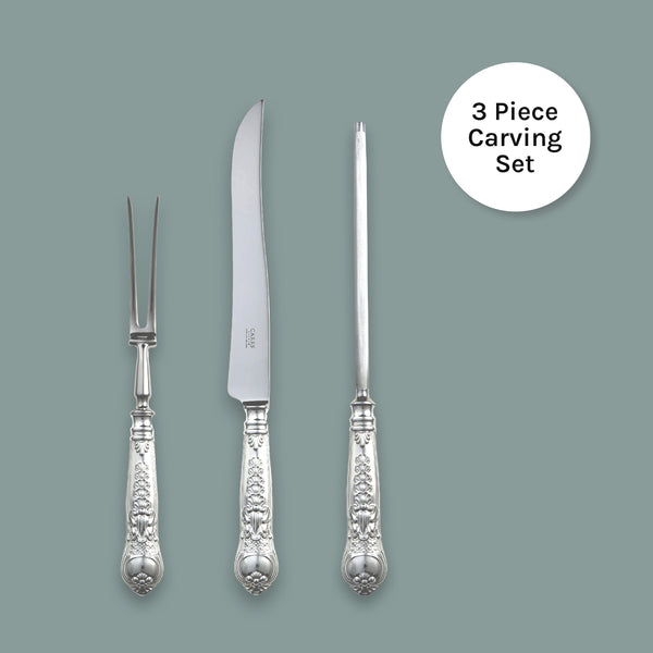 EB London Coburg carving set in sterling silver, hallmarked, includes knife, fork and carving steel, polished finish, 353mm knife, 285mm fork, 338mm steel