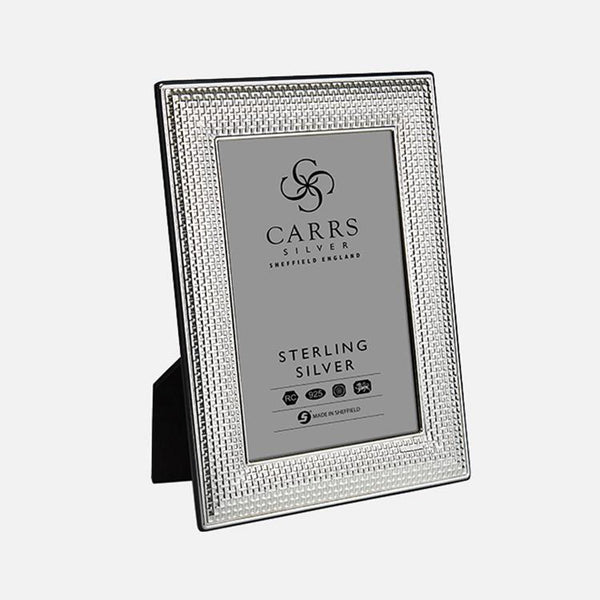 Carrs Silver cross stitch sterling silver photo frame with black wood back, hallmarked, handcrafted in Sheffield, England