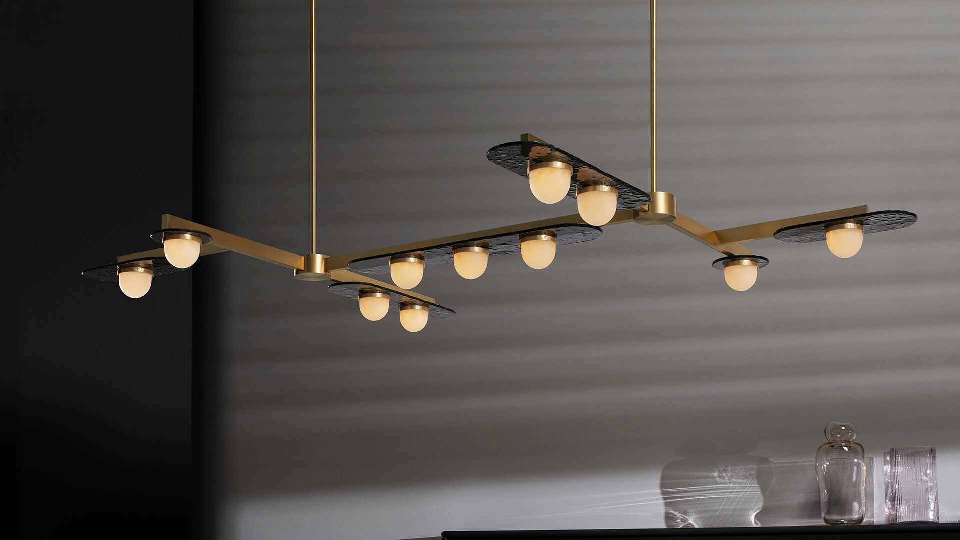 CTO Lighting - Modulo Chandelier Grid 11 - Smoked Glass Plates with with Satin Brass and Bronze or Antique Bronze - EB London