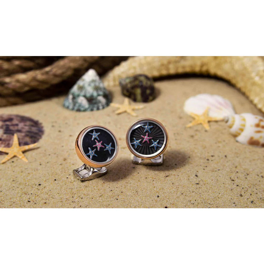starfish cufflinks with four coloured starfish on black inlay and gold rim by Deakin & Francis at EB London