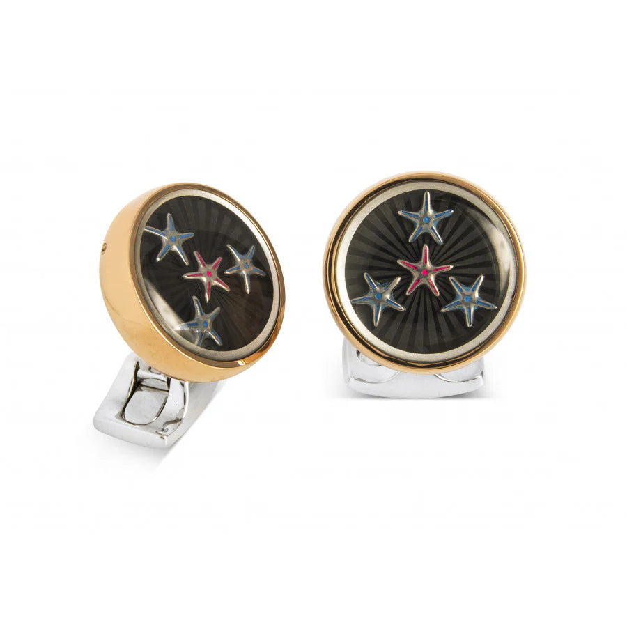 Dancing starfish cufflinks with four coloured starfish on black inlay and gold rim by Deakin & Francis at EB London