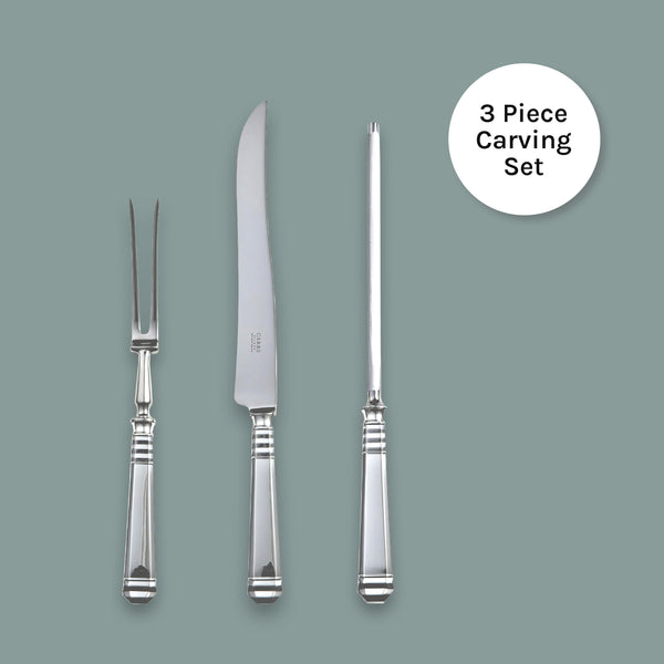 EB London by Carrs Silver Décor carving set with sterling silver handles, hallmarked, includes knife, fork, and carving steel, polished finish, 353mm / 285mm / 338mm