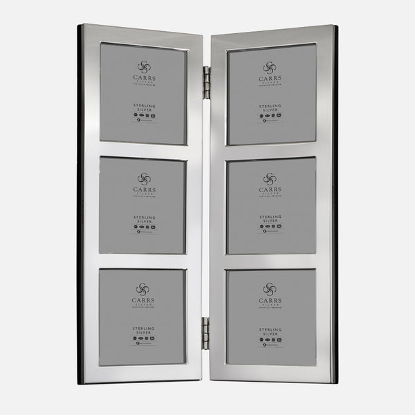 EB London by Carrs Silver sterling silver double folding photo frame with triple apertures, hallmarked, mahogany backing