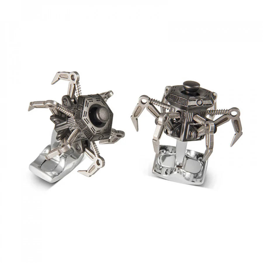 Drone cufflinks with six moving stainless steel spider legs and central button by Deakin & Francis at EB London