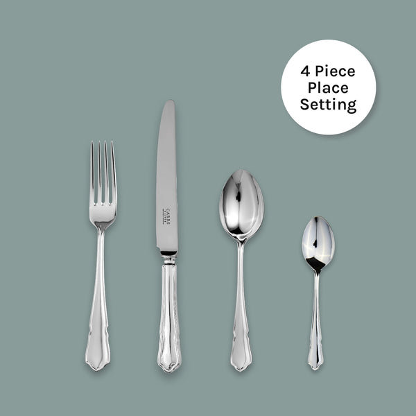 EB London Dubarry sterling silver 4-piece cutlery set with Rococo-inspired scroll and shell motif, hallmarked, Table Fork 206mm, Table Knife 245mm, Dessert Spoon 182mm, Tea Spoon 139mm