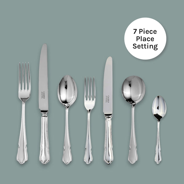 EB London Dubarry sterling silver 7-piece cutlery set with Rococo-inspired handles, hallmarked, polished finish
