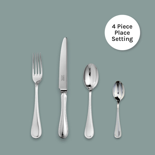 EB London Old English 4-piece cutlery set in hallmarked sterling silver, classic design, 245mm knife, 206mm fork, 182mm dessert spoon, 139mm tea spoon