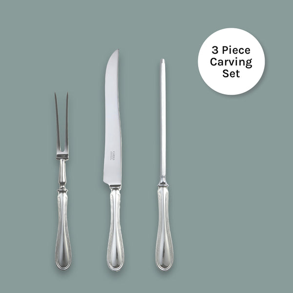 EB London by Carrs Silver English Thread carving set in sterling silver, polished finish, includes knife, fork and carving steel, hallmarked, 353mm x 285mm x 338mm