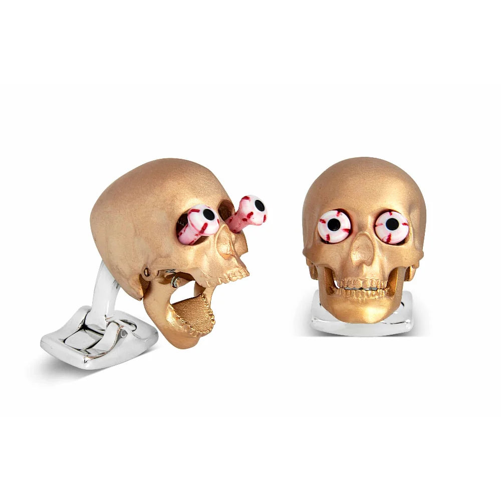 Rose gold satin skull cufflinks with popping eyes and jaw mechanism by Deakin & Francis at EB London