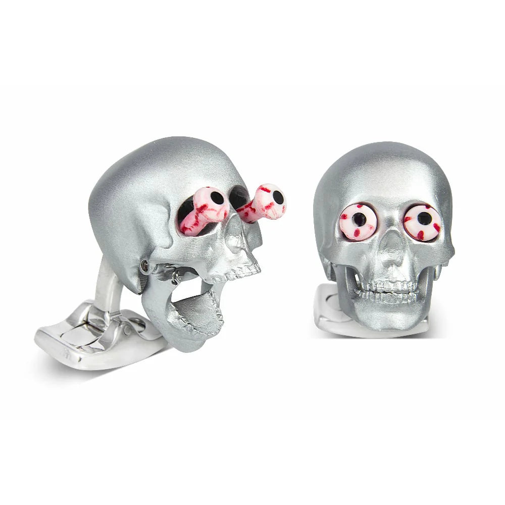 Silver satin skull cufflinks with popping eyes and jaw mechanism by Deakin & Francis at EB London