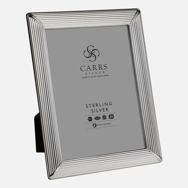 Carrs Silver sterling silver fluted photo frame with mahogany back, hallmarked, fits standard photograph