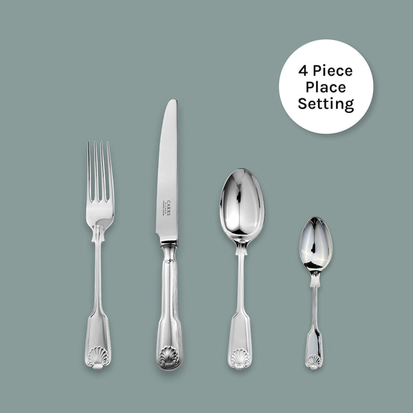 Carrs Silver Fiddle Thread & Shell 4-piece cutlery set in sterling silver, hallmarked, includes table fork 206mm, table knife 245mm, dessert spoon 182mm, tea spoon 139mm