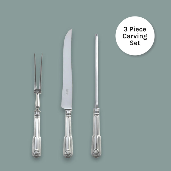 EB London by Carrs Silver Fiddle Thread & Shell carving set in sterling silver, hallmarked, polished, includes knife, fork and carving steel, 353mm x 285mm x 338mm