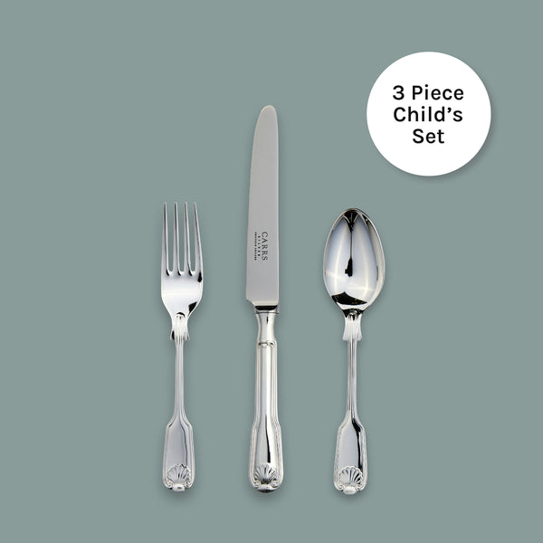 Carrs Silver EB London Fiddle Thread & Shell child’s cutlery set in sterling silver, hallmarked, knife 188mm, fork 136mm, spoon 140mm