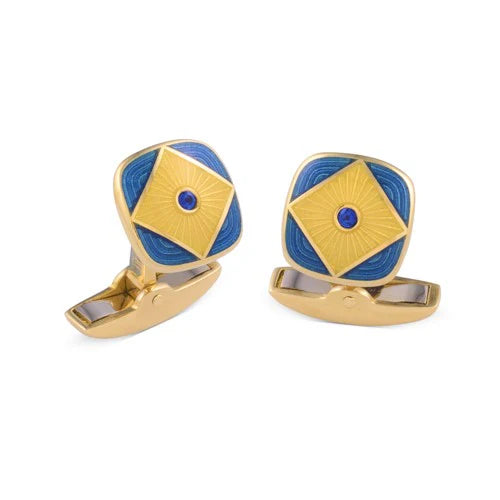 18ct Yellow Gold Blue and Clear Enamel Cufflinks with Sapphire Centre - Deakin & Francis - EB London