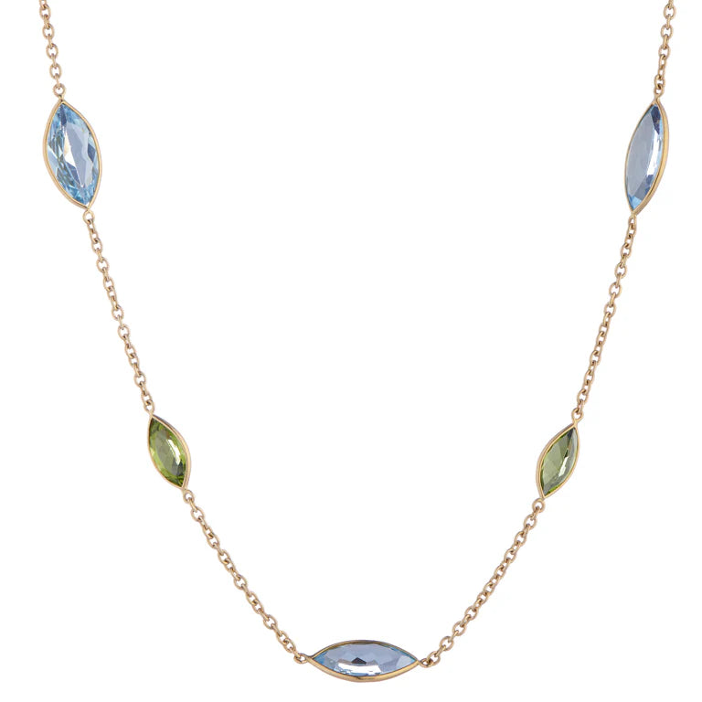 yellow gold spectacle necklace with alternating marquise blue topaz and peridot by Deakin & Francis at EB London