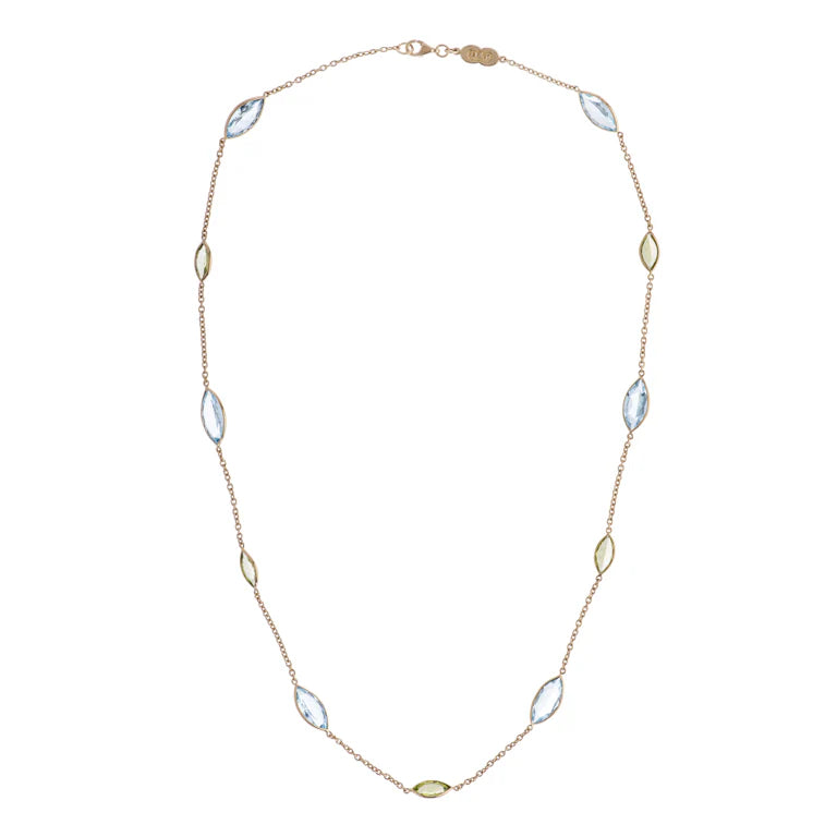 18ct yellow gold spectacle necklace with alternating marquise blue topaz and peridot by Deakin & Francis at EB London