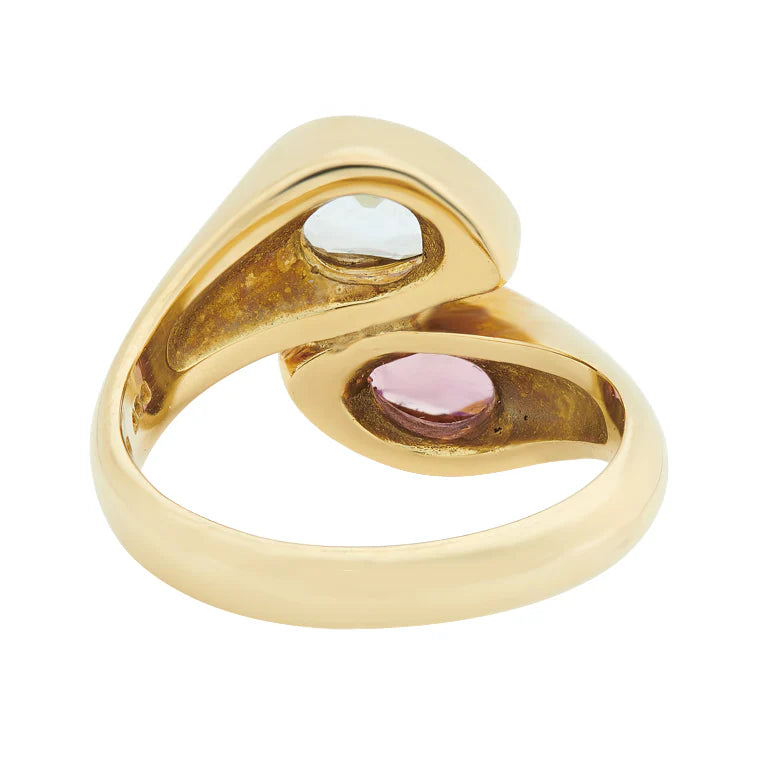18ct yellow gold ring with blue topaz pink tourmaline by Deakin & Francis at EB London