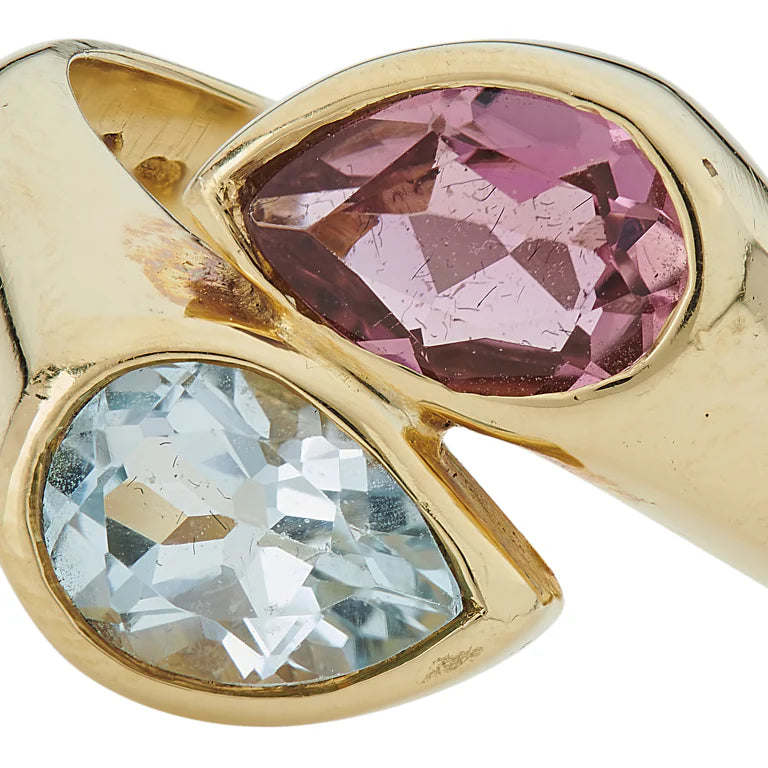 yellow gold ring with blue topaz and pink tourmaline by Deakin & Francis at EB London