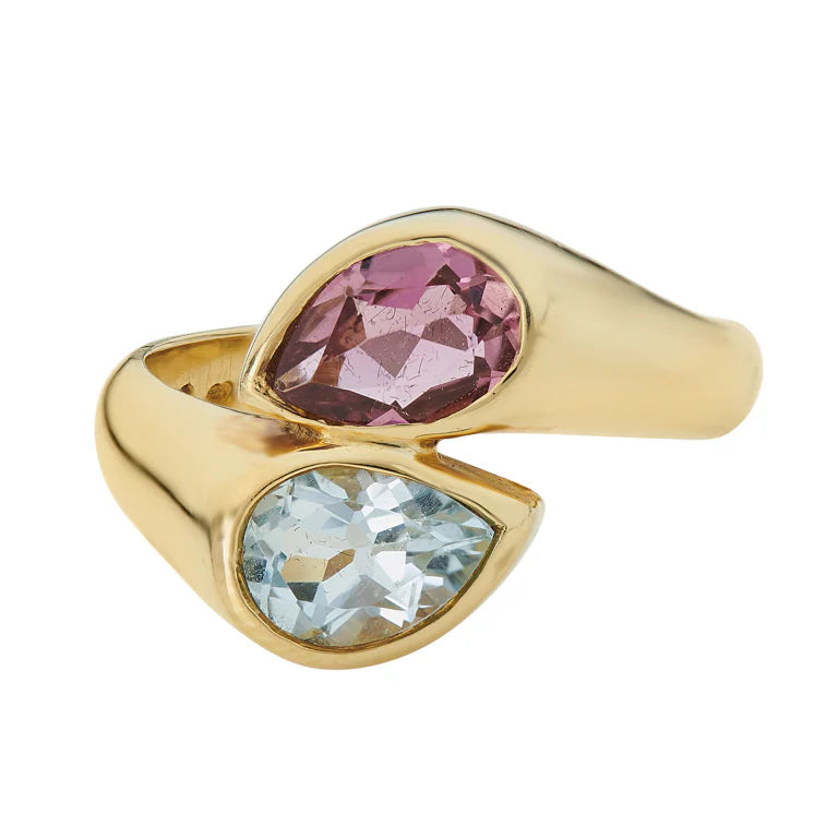 gold ring with blue topaz and pink tourmaline by Deakin & Francis at EB London