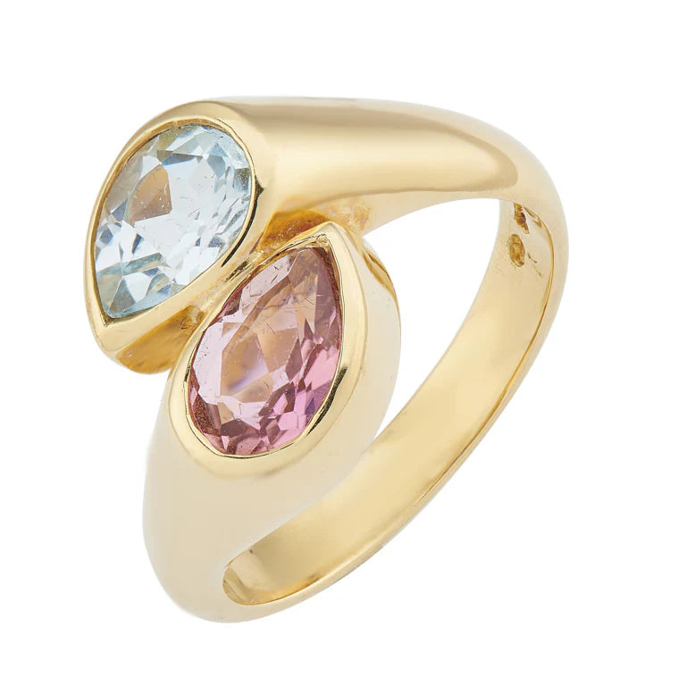 18ct yellow gold ring with blue topaz and pink tourmaline by Deakin & Francis at EB London