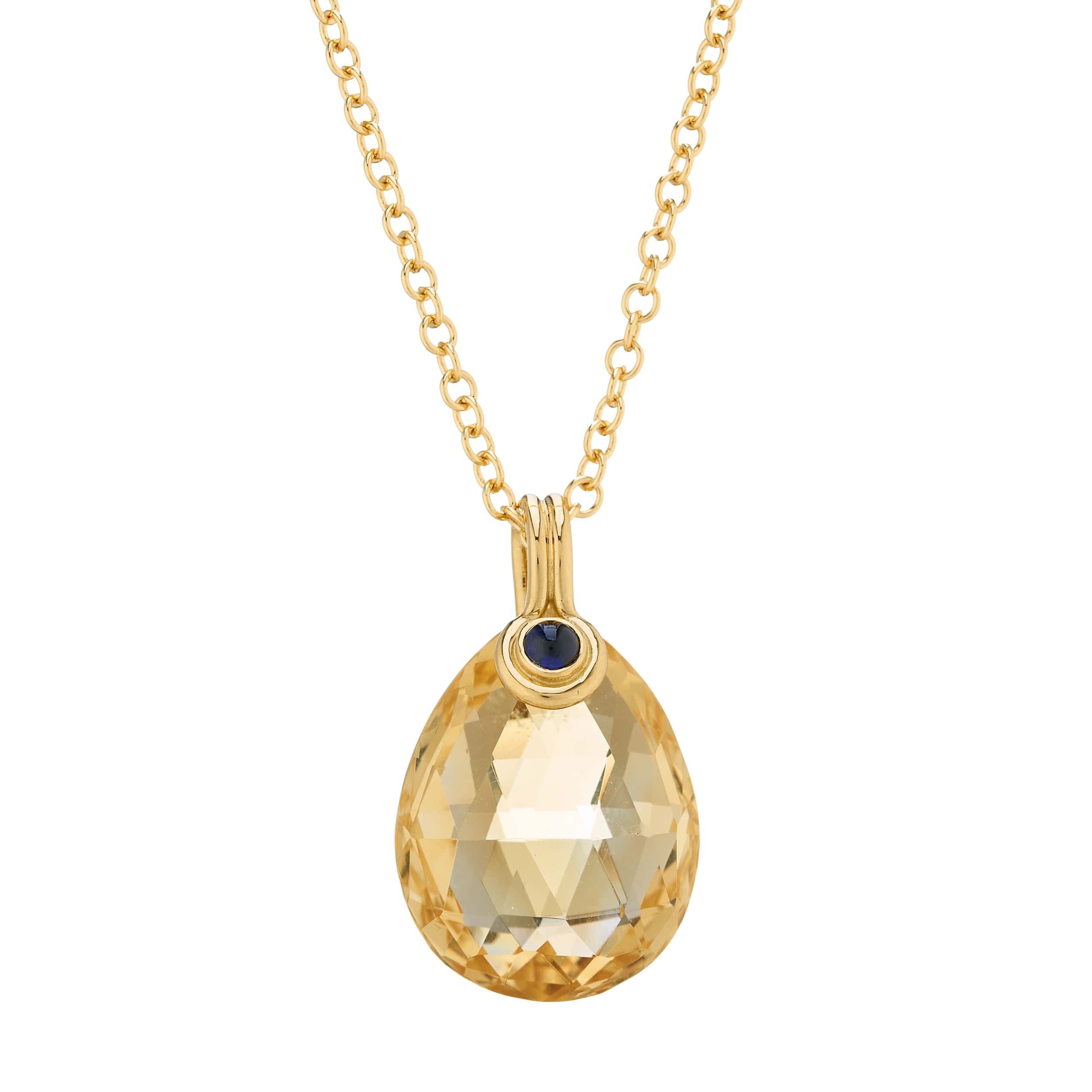 18ct yellow gold briolette citrine pendant with cabochon sapphire accent by Deakin & Francis at EB London