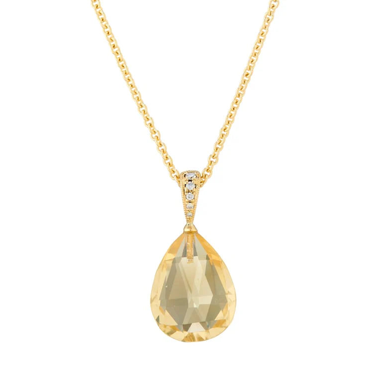 18ct yellow gold pendant with briolette cut citrine and diamond set bale by Deakin & Francis at EB London