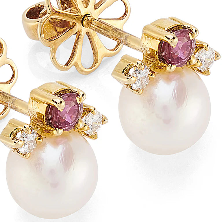 gold stud earrings with cultured pearls, ruby and diamond details by Deakin & Francis at EB London