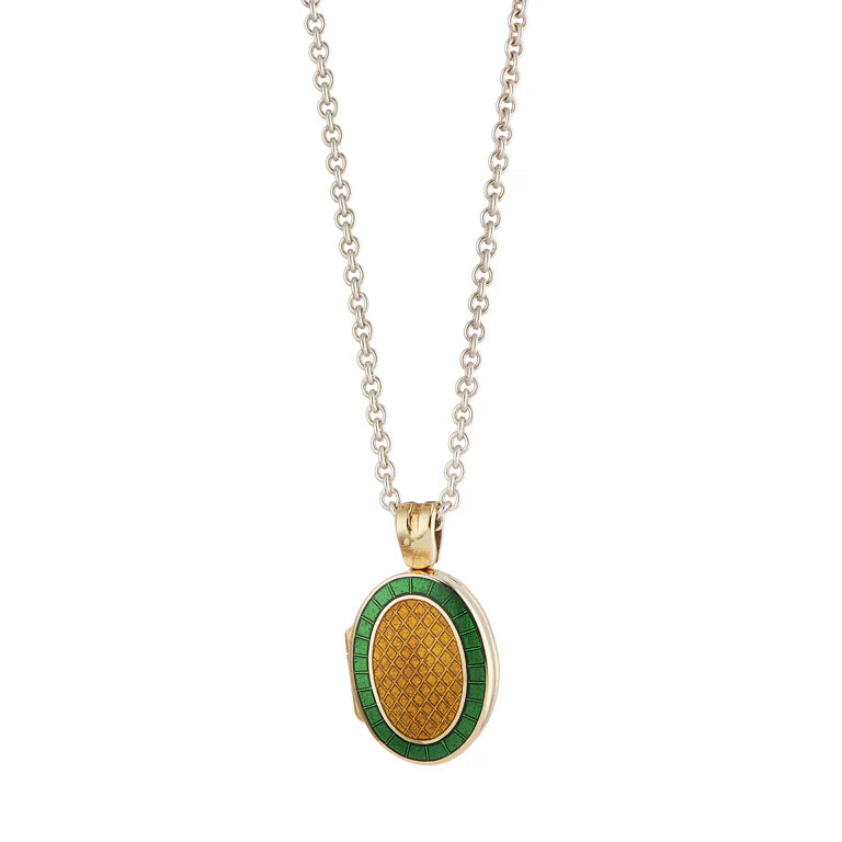 18ct yellow gold locket with dark green and brown enamel by Deakin & Francis at EB London
