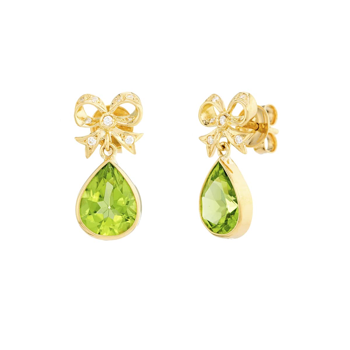 18ct gold diamond bow earrings with pear shape peridot drops by Deakin & Francis at EB London