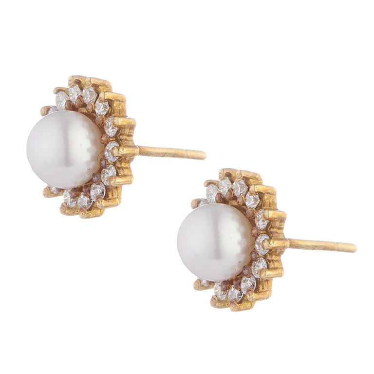 gold cluster earrings with cultured pearls and 14 diamonds by Deakin & Francis at EB London