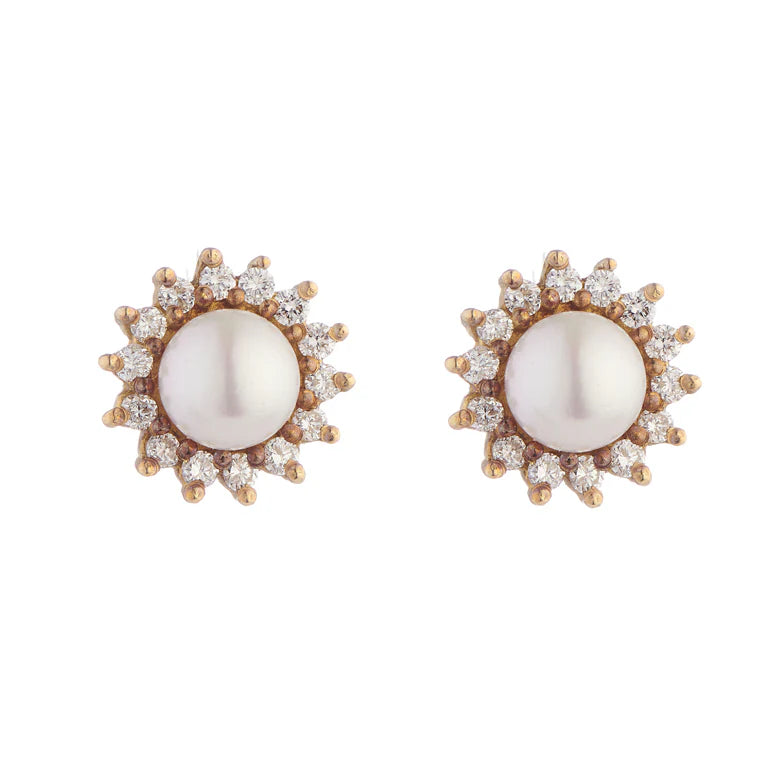 18ct gold cluster earrings with cultured pearls and 14 diamonds by Deakin & Francis at EB London