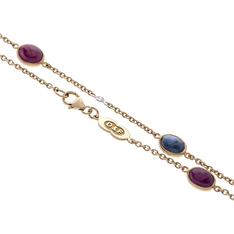gold necklace with cabochon rubies, sapphires and diamonds by Deakin & Francis at EB London
