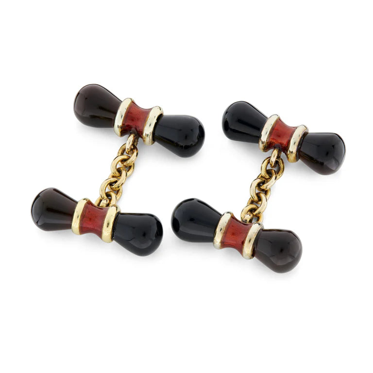 9ct Yellow Gold Dumbbell Cufflinks with Onyx & Red Enamel - Deakin & Francis - EB London