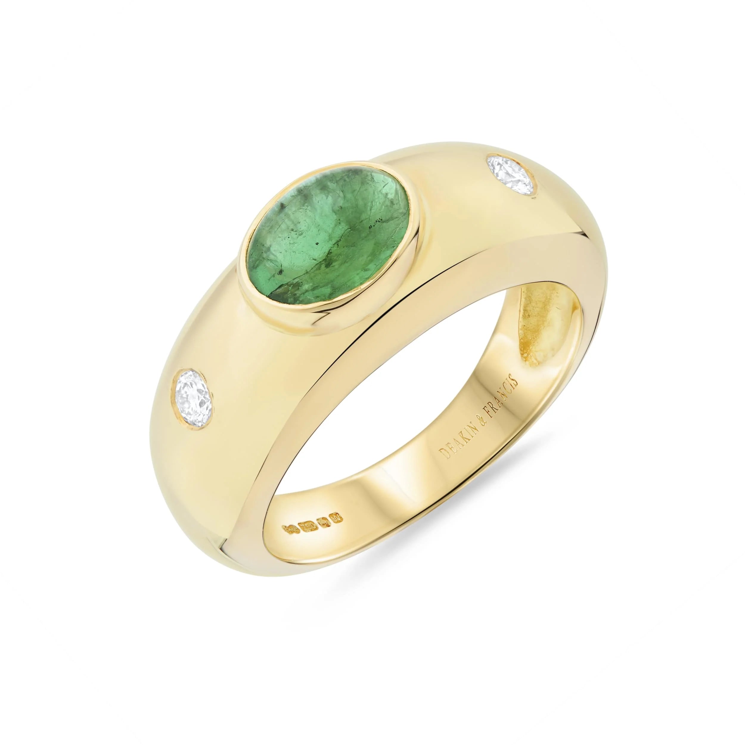 yellow gold ring with oval emerald centre and brilliant cut diamond shoulders by Deakin & Francis at EB London