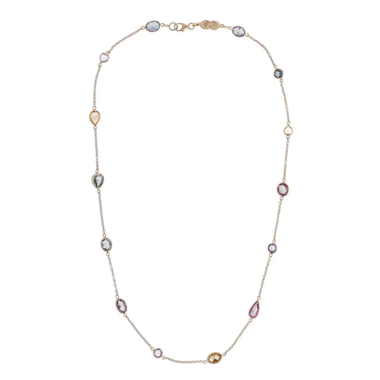 18ct yellow gold spectacle necklace with fourteen fancy colour and fancy shape sapphires by Deakin & Francis at EB London