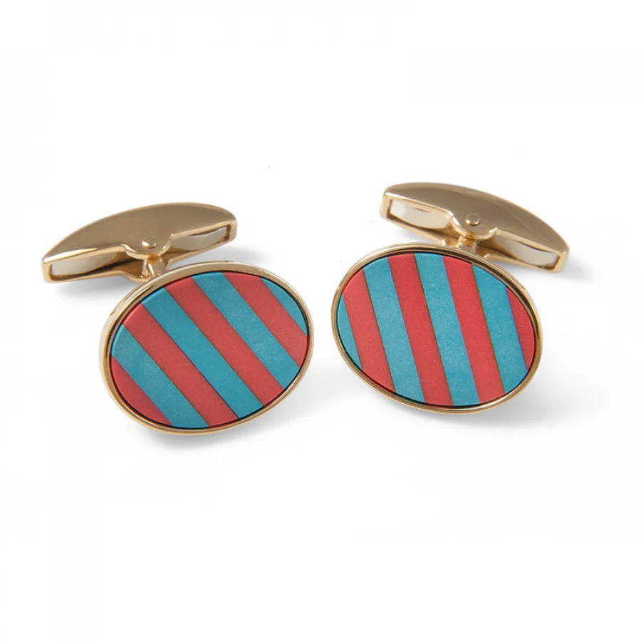 18ct Yellow Gold Precious Gemstone Striped Cufflinks in Coral & Turquoise - Deakin & Francis - EB London