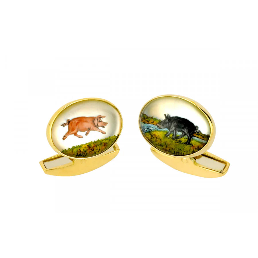 18ct Yellow Gold Hand-Painted Crystal Pig Cufflinks - Deakin & Francis - EB London