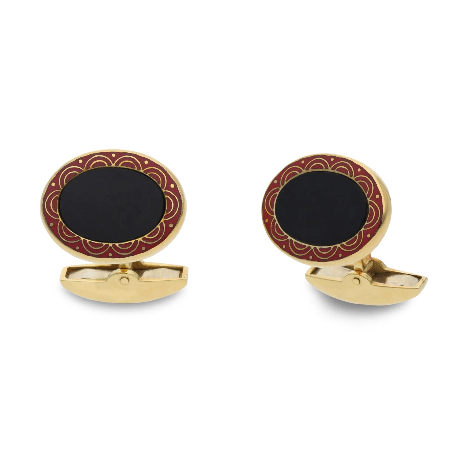 18ct Yellow Gold Onyx Cufflinks with Red Enamel Border - Deakin & Francis - EB London