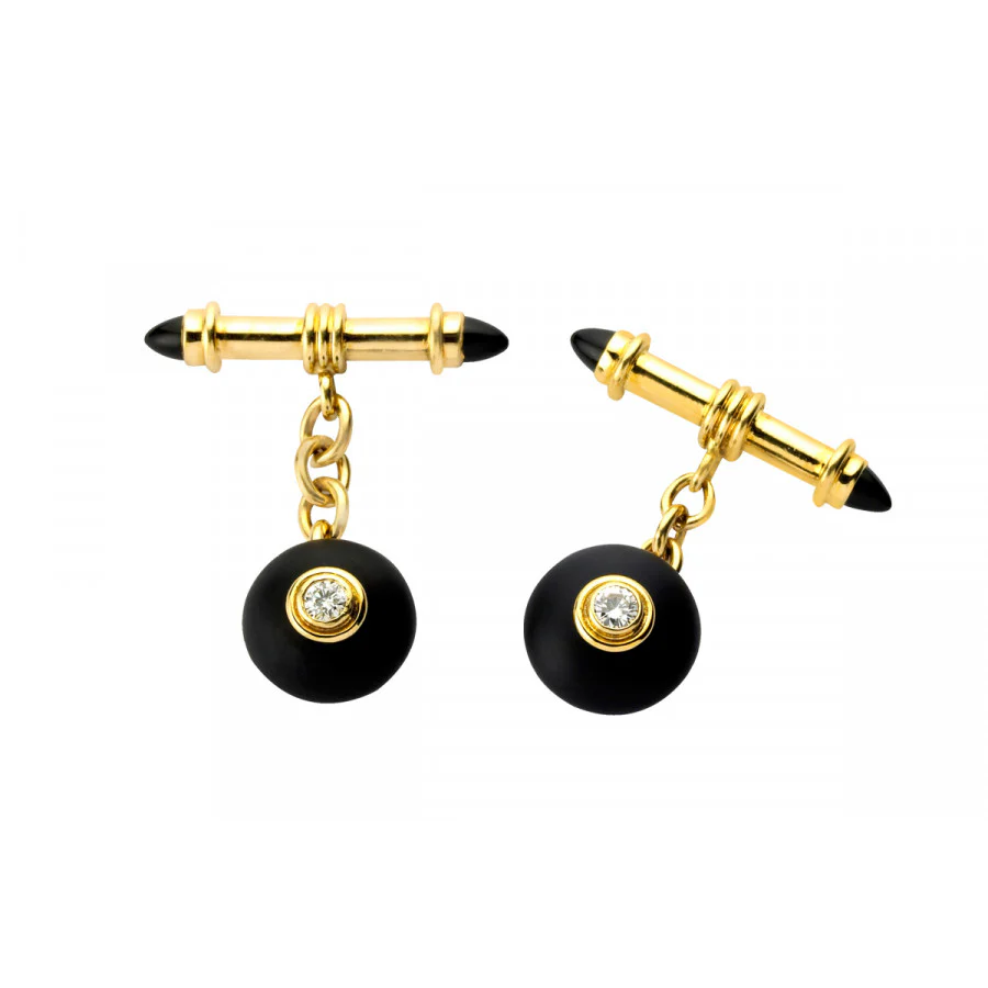 18ct Yellow Gold Onyx & Diamond Bouton Cufflinks - Deakin & Francis - EB London