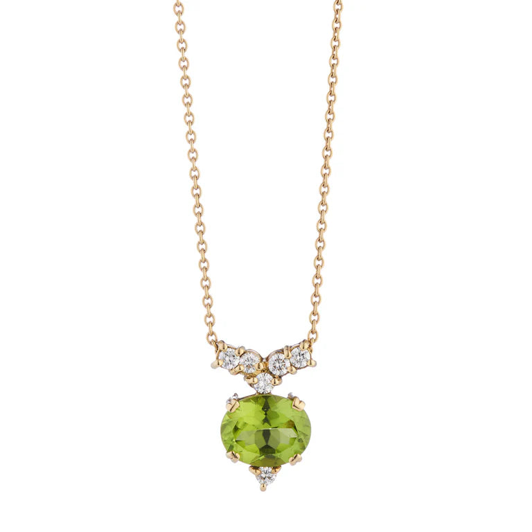 18ct yellow gold pendant with oval peridot and diamonds by Deakin & Francis at EB London