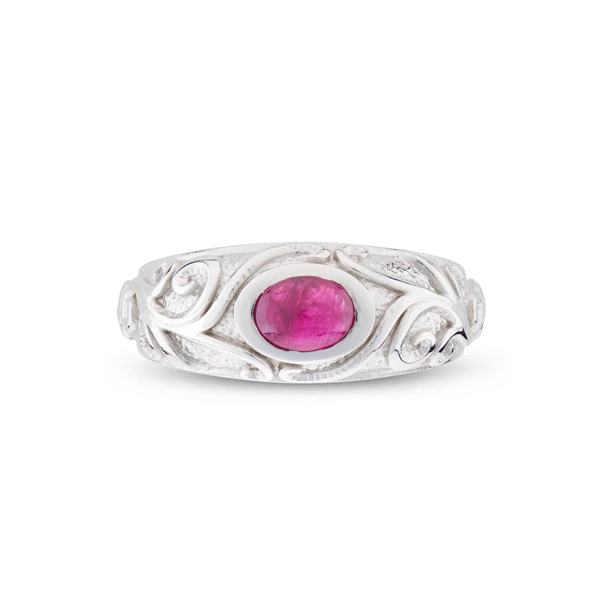 18ct white gold gypsy ring with cabochon ruby and scrolling shoulders by Deakin & Francis at EB London