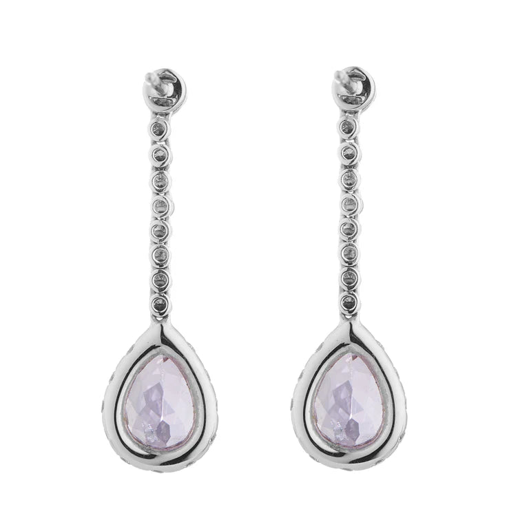 white gold drop earrings with pink sapphires, diamonds and pear shape pink kunzite by Deakin & Francis at EB London