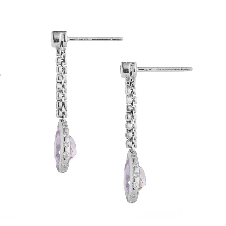 gold drop earrings with pink sapphires, diamonds and pear shape pink kunzite by Deakin & Francis at EB London