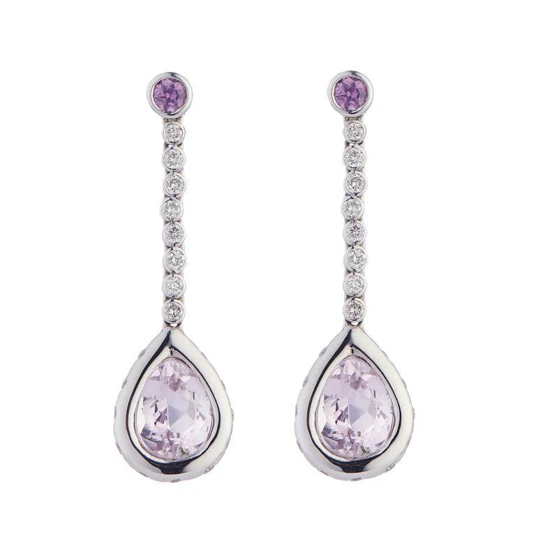 18ct white gold drop earrings with pink sapphires, diamonds and pear shape pink kunzite by Deakin & Francis at EB London