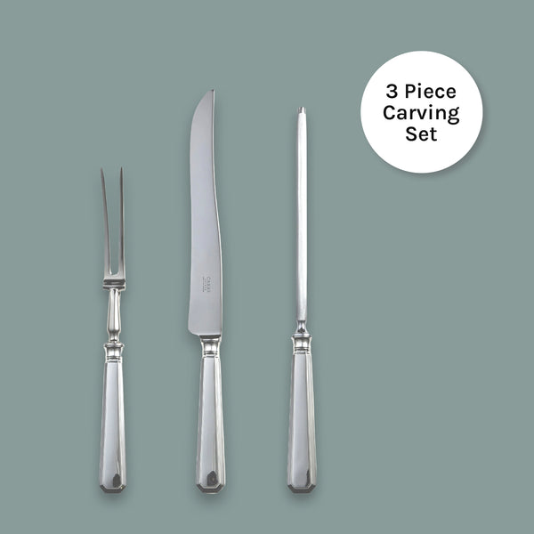 EB London Grecian carving set by Carrs Silver, sterling silver or silver plated, hallmarked, includes carving knife, fork and steel, 353mm x 285mm x 338mm