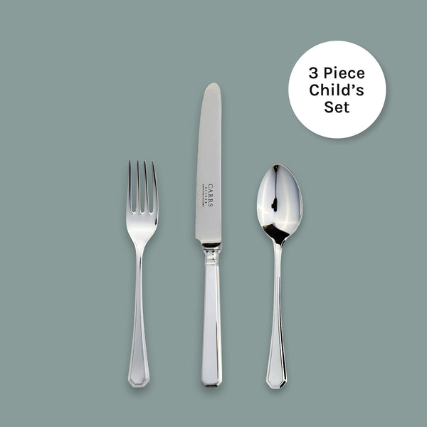 EB London by Carrs Silver Grecian Children’s Cutlery Set in sterling silver, knife, fork and spoon, hallmarked, polished, 188mm/136mm/140mm