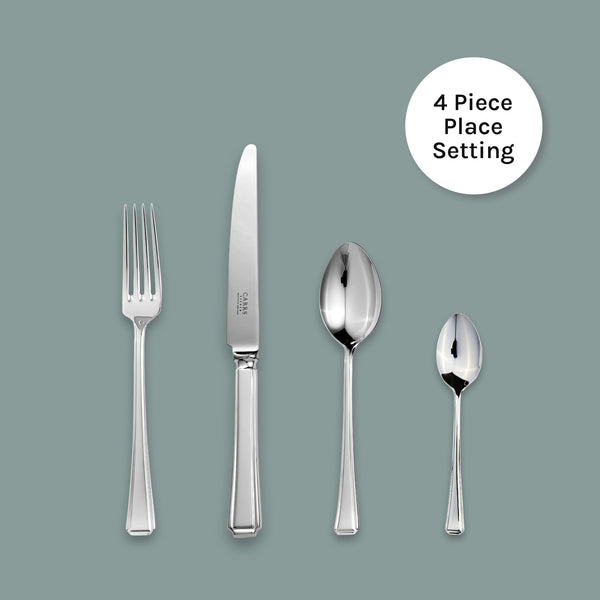 EB London Harley 4-piece cutlery set by Carrs Silver, hallmarked sterling silver, includes table fork 206mm, table knife 245mm, dessert spoon 182mm, tea spoon 139mm”